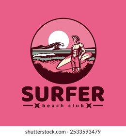 logotipo surfista com uma combinação de um homem, ondas, praia em fundo rosa isolado