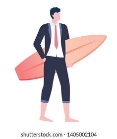 Surfer male vector, isolated man wearing formal clothes, suit pants and white shirt with tie. Businessman holding surfing board in hands ready for vacation