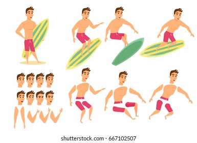 Surfer man character animation, creation set. Guy in shorts stand on beach with surfboard and ride. Summer male vector. Parts of body for design you scene. Cartoon faces, emotions, expressions