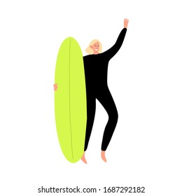 Surfer man character in a black wetsuit standing with a surfboard and gesturing by hand. Vector illustration in flat cartoon style