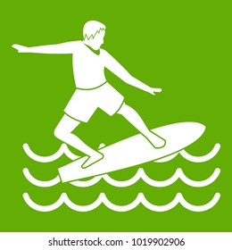 Surfer man icon white isolated on green background. Vector illustration