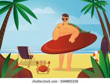 A surfer man with a mustache on the sandy beach holds a surfboard near a dancing crab. Summer surfing vacation flat travel illsutration. 