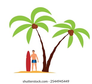 Surfer Man en la playa con Tablero de surf y palmeras. Personas y deportes acuáticos de verano Actividad Arte vectorial