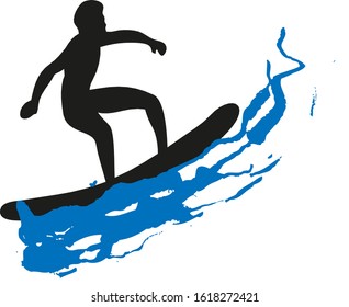 Surfer man on blue water icon. Black silhouette of a man on a water board. An athlete with a short haircut on a white background. Summer vector image