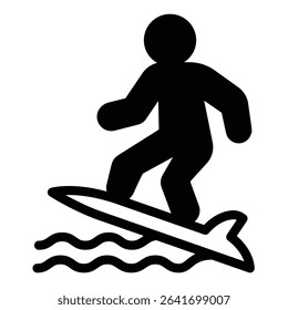 Surfer man on sea wave solid icon, tropical voyage concept. Vector graphics. Surfboard with surfer, water sport sign on white background, style mobile or design
