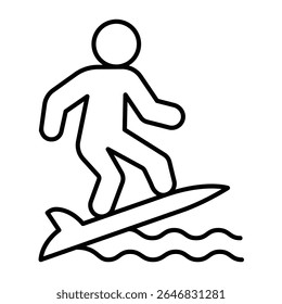 Surfista homem na onda do mar ícone de linha fina, conceito de viagem tropical. Gráficos vetoriais. Surfboard com surfista, sinal de esporte aquático em fundo branco, estilo móvel ou design