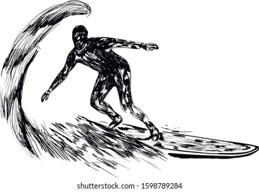 Surfer, man on surf board and wave isolated on white background . Travel, sport . Concept for print, design elements, logotype, cards, icon