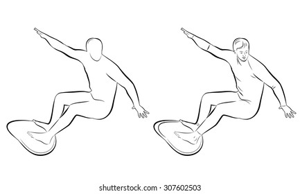 surfer man on surfboard, black and white sketch set, white background 