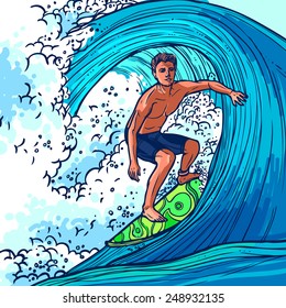 Surfer man on surfboard on wave adventure extreme sport background vector illustration