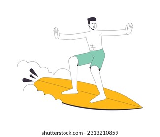 Surfer man on wave flat line vector spot illustration. Asian male with surfing board 2D cartoon outline character on white for web UI design. Surfen welle editable isolated colorful hero image