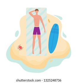 Surfer man in purple trunks sunbathing on the sea or ocean beach. Boy lying on a towel with a surfboard and sunscreen. Near the sand crawling crab, illustration.
