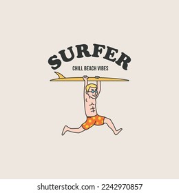 Surfer man run carrying his surfboard on the head funny cartoon logo icon sign tee design. Vector illustration