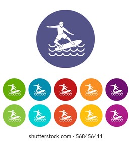 Surfer man set icons in different colors isolated on white background