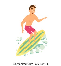 Surfer man in shorts. Guy stand on beach holding surfboard and ride. Summer handsome male character. Cartoon illustration isolated on white