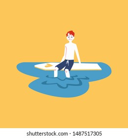 Surfer man sitting on his board taking a rest. Cartoon guy resting his feet on water after a workout - isolated flat hand drawn vector illustration on white background