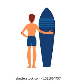 Surfer man standing with surfboard. Surfer guy character in cartoon style with surfboard, isolated vector illustration on white background.