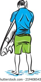 surfer man with surf board back view sports concept vector illustration