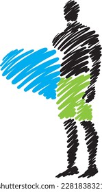 surfer man with surf board brush abstract stroke vector illustration