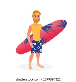 Surfer man with surfboard on the white background. Isolated vector flat cartoon character illustration. Summer holiday, trip.