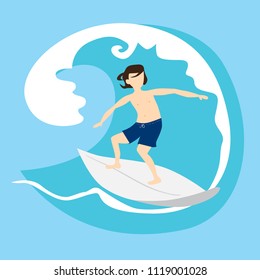 Surfer man with surfboard standing and riding on ocean wave. Cartoon character. Recreational beach water sport. Surf travel