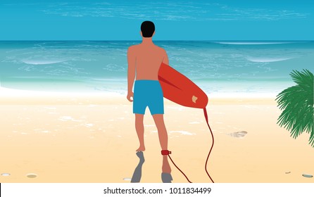 Surfer - man walks on sandy beach with sup board - sea with waves in grunge style - vector illustration. Travel poster