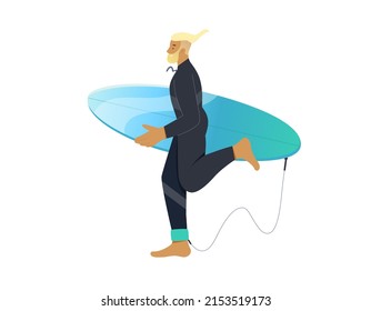 Surfer man wearing wetsuit running with a surfboard.  Isolated character on white background, flat vector illustration
