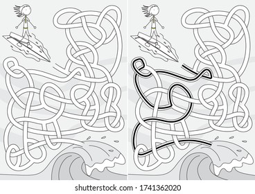 Surfer maze for kids with a solution in black and white