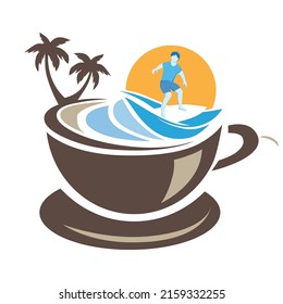 surfer and ocean waves inside cup of coffee, vector