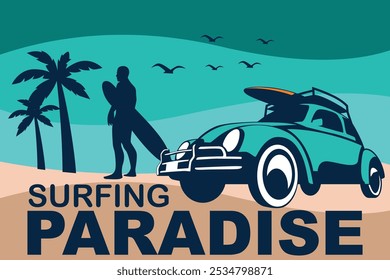 surfer old vintage car beach vector illustration