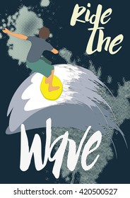 A surfer on an abstract wave with the statement "Ride the wave"