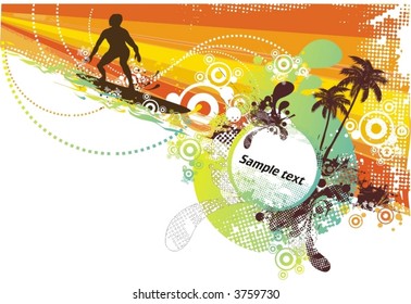 surfer on abstract waves in the summer,floral & grunge elements,vector illustration