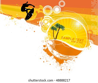 surfer on abstract waves in the summer,floral & grunge elements,vector illustration