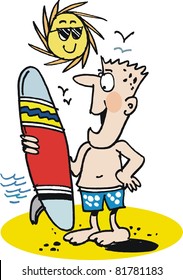 Surfer On Beach With Board Vector Cartoon