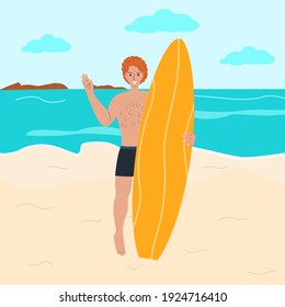 Surfer on the beach with a board, a young red-haired guy resting in the summer at the sea and surfing. Vector illustration in flat style