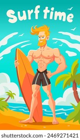 Surfer on the beach. Cartoon vector illustration. Summer poster for surf time. Cool bearded guy in swimming trunks holds a surfboard against the background of a tropical beach.