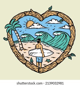 surfer on the beach with love wooden frame illustration