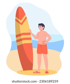 Surfista en la playa. Hombre con baúles rojos de natación con tabla de surf en la arena. Estilo de vida activo y deportes extremos. Vacaciones y vacaciones en países tropicales y exóticos. Dibujo vectorial plano de dibujos animados