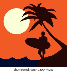 Surfer on the beach with palm tree on sunset background vector image