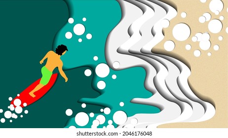 A surfer on the beach is shown with layered art images