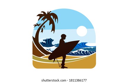 Surfer on a Beach Silhouette Logo template Outdoor Vacation Emblem Badge