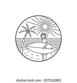 A surfer on a beach in summer in mono line art ,badge patch pin graphic illustration, vector art t-shirt design