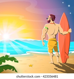 Surfer on the beach. Sunrise on the sea. Hot summer morning.