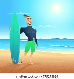 Surfer on the beach. Vector cartoon illustration. Sunny day, sandy coast, waves on the sea, man stands with surfboard