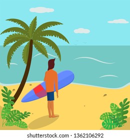 Surfer on the beach. Vector image for banner