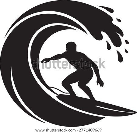 Surfer on big ocean wave silhouette graphic icon for beach sports theme.