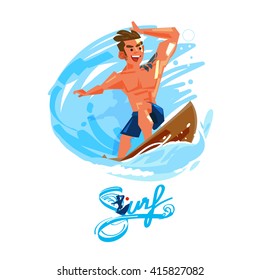 Surfer on Blue Ocean Wave. character design with typographic design - vector illustration