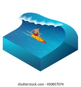 Surfer On Blue Ocean Wave In The Tube Getting Barreled. Flat 3d Vector Isometric Illustration. Extreme Water Sports.