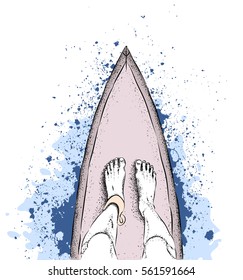 surfista en la pizarra y gran ola. ilustración vectorial.