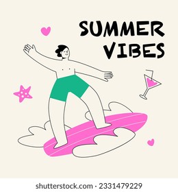 A surfer on a board floats on the waves. A man on vacation in the summer. Sea, beach, sports. Flat cute illustration with lettering