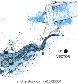 surfer on the board and octopus. vector illustration.